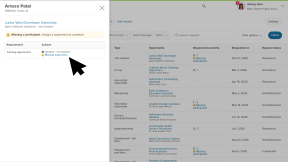The Student requests page with the Required documents side panel open for a student. There is a missing participant. The cursor is clicking the Missing supervisor link.